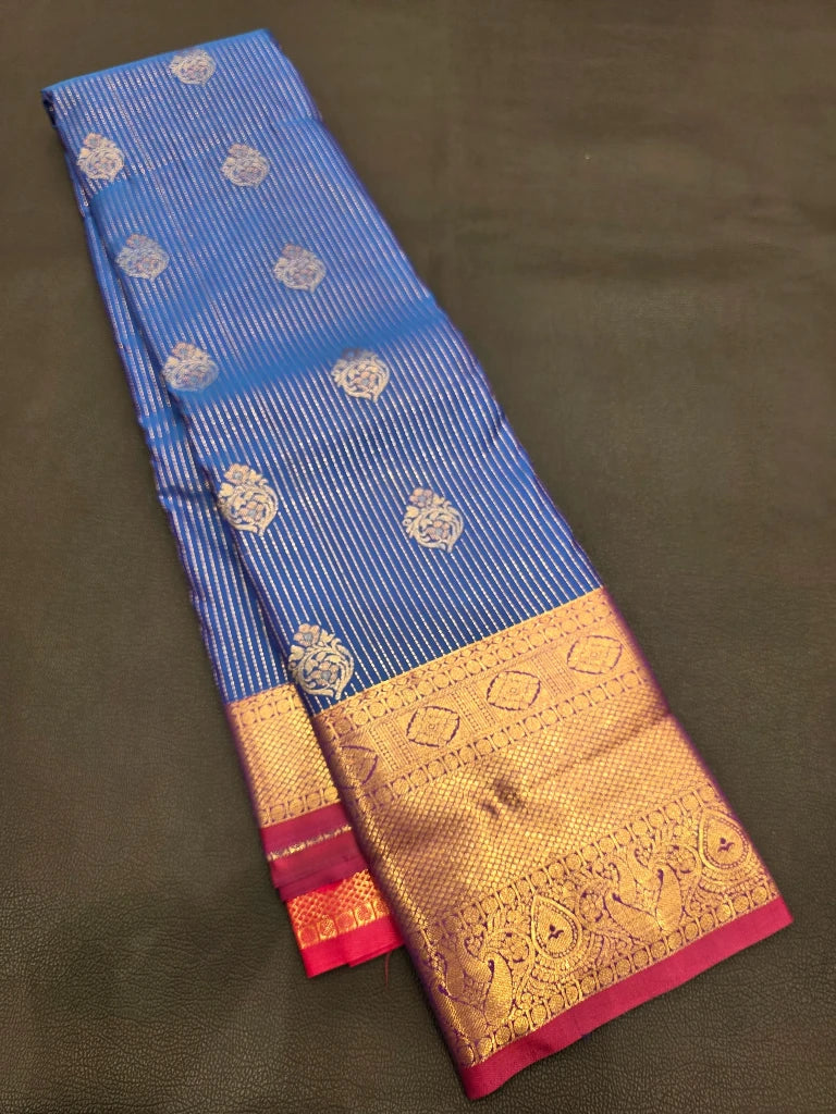 Royal Blue Semi Kanchipuram Silk Saree with Gold Zari Buttas & Rich Red Contrast Pallu | Traditional Bridal Saree