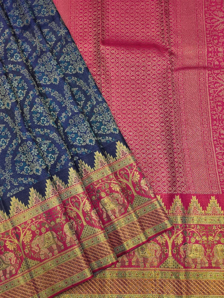 Royal Navy Blue Pure Kanchipuram Silk Saree with Pink Elephant Zari Border | Traditional Bridal Saree