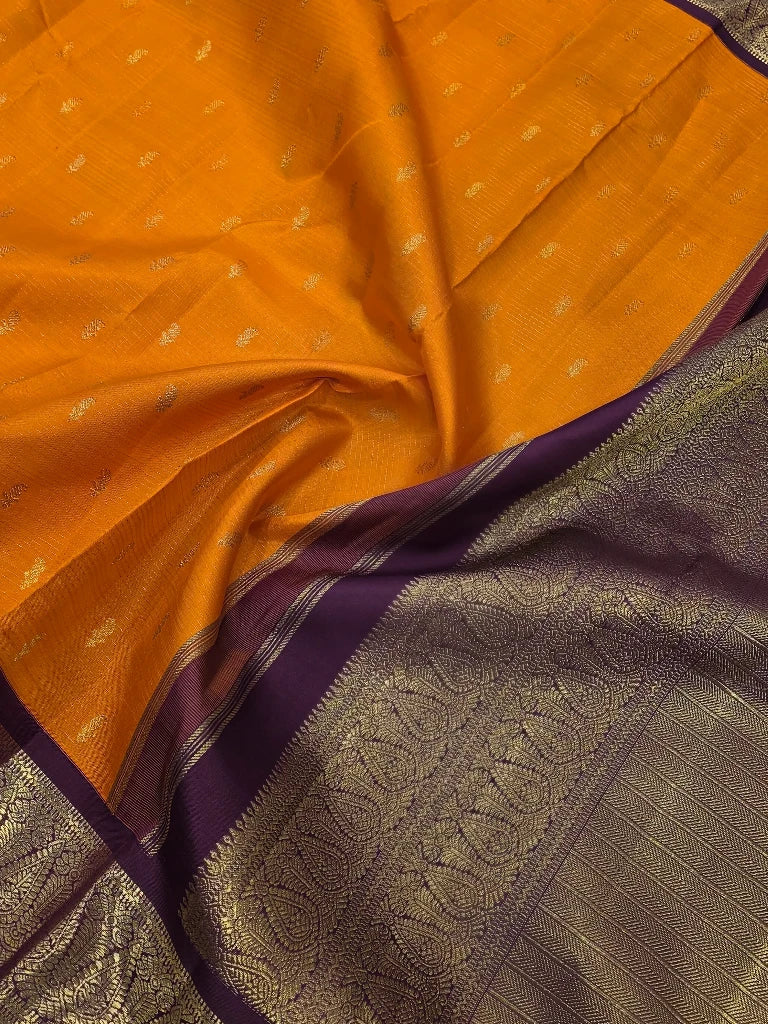 Royal Orange Pure Kanchipuram Silk Saree with Purple Contrast Border & Rich Gold Zari Pallu