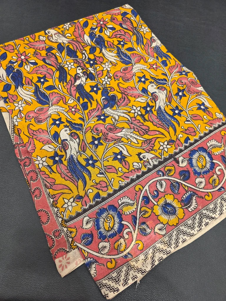 Mustard Yellow & Dusty Pink Kalamkari Saree with Grand Peacock Pallu | Traditional Floral Printed Saree