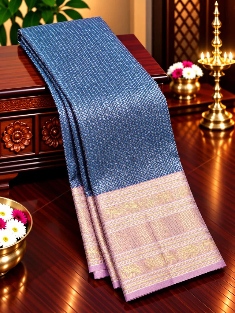 Royal Blue Pure Kanchipuram Silk Saree with Lavender Gold Zari Elephant Border | Bridal Silk Saree