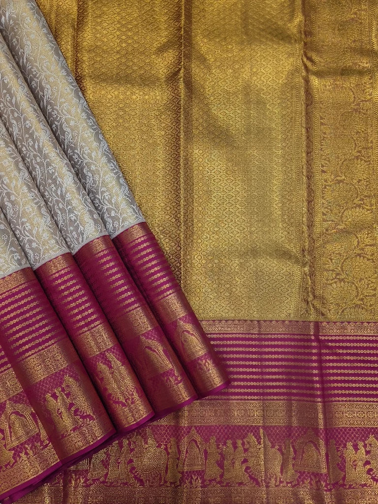 Silver Grey Floral Pure Kanchipuram Silk Saree with Magenta Gold Zari Border | Traditional Bridal Saree