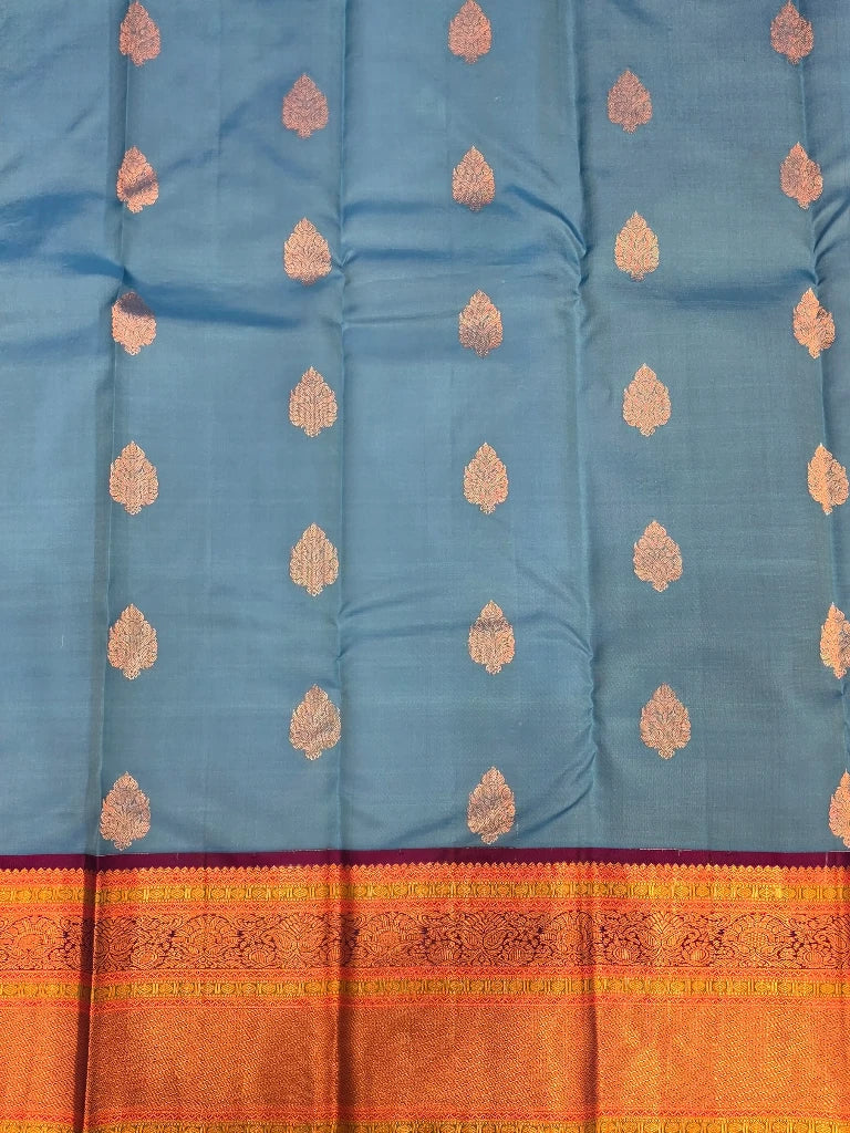 Blue Pure Kanchipuram Silk Saree with Purple Gold Zari Border | Bridal Saree