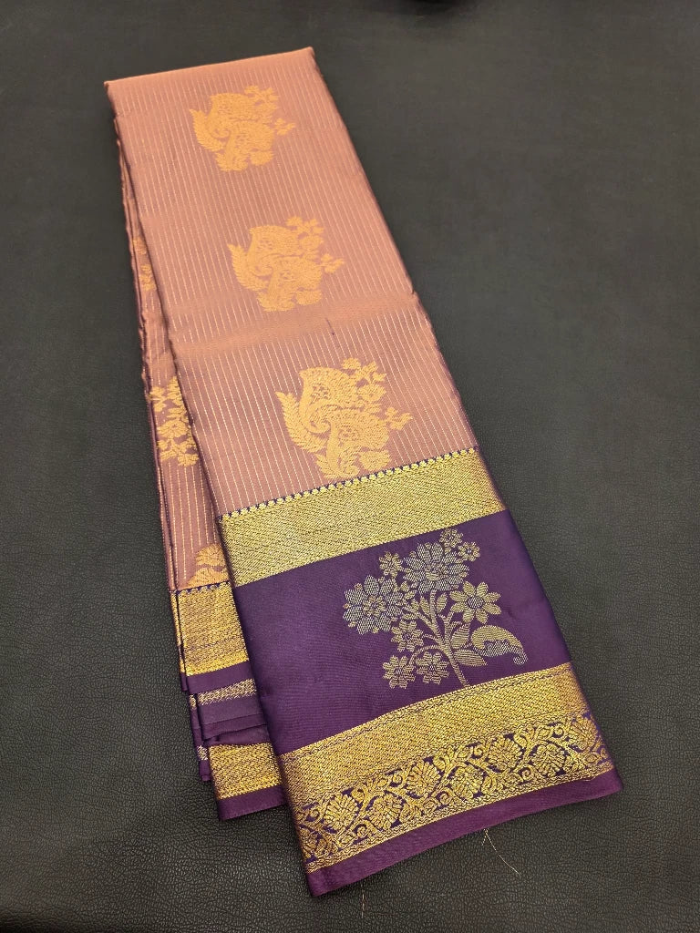 Dusty Rose Semi Kanchipuram Silk Saree with Royal Purple Zari Border & Rich Gold Floral Pallu