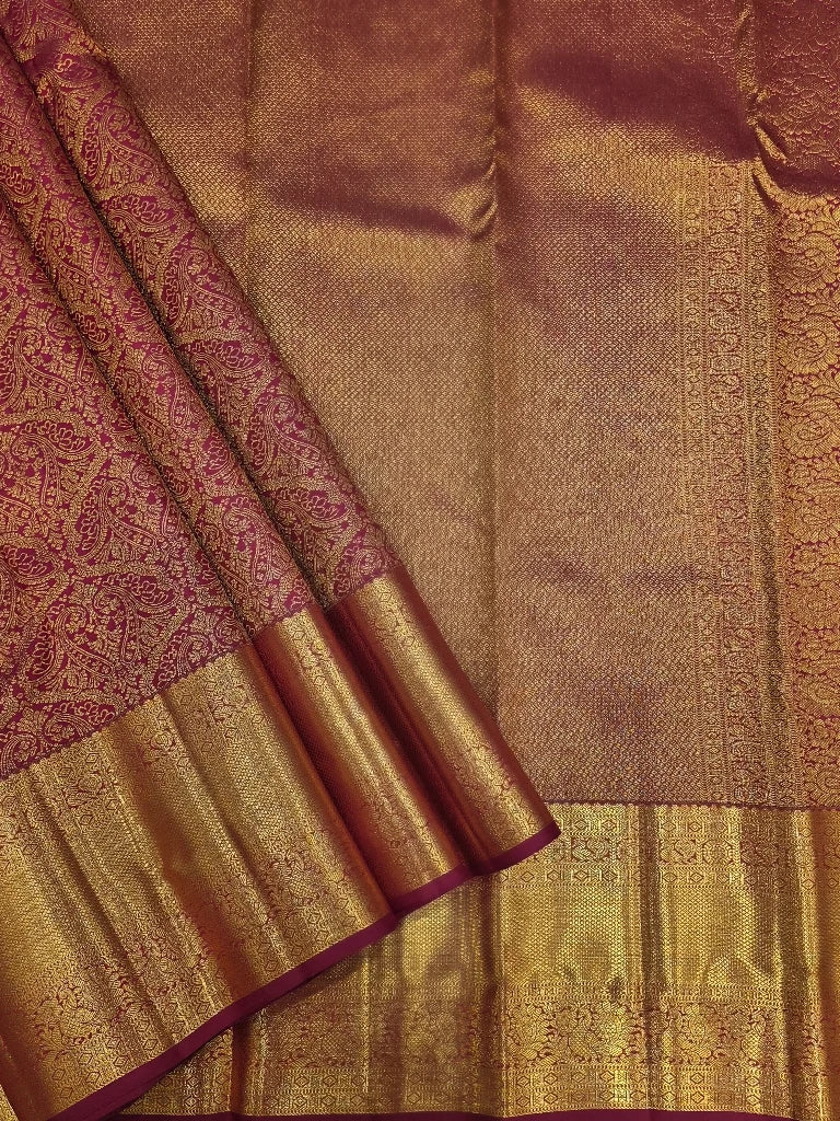 Royal Wine Maroon Pure Kanchipuram Silk Saree with Gold Zari Paisley Design & Rich Bridal Border