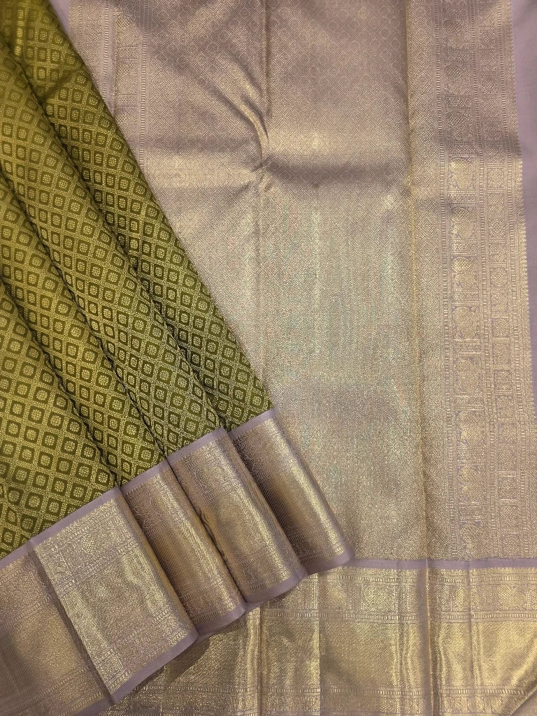 Royal Olive Green Pure Kanchipuram Silk Saree with Lavender Gold Zari Border | Traditional Bridal Saree
