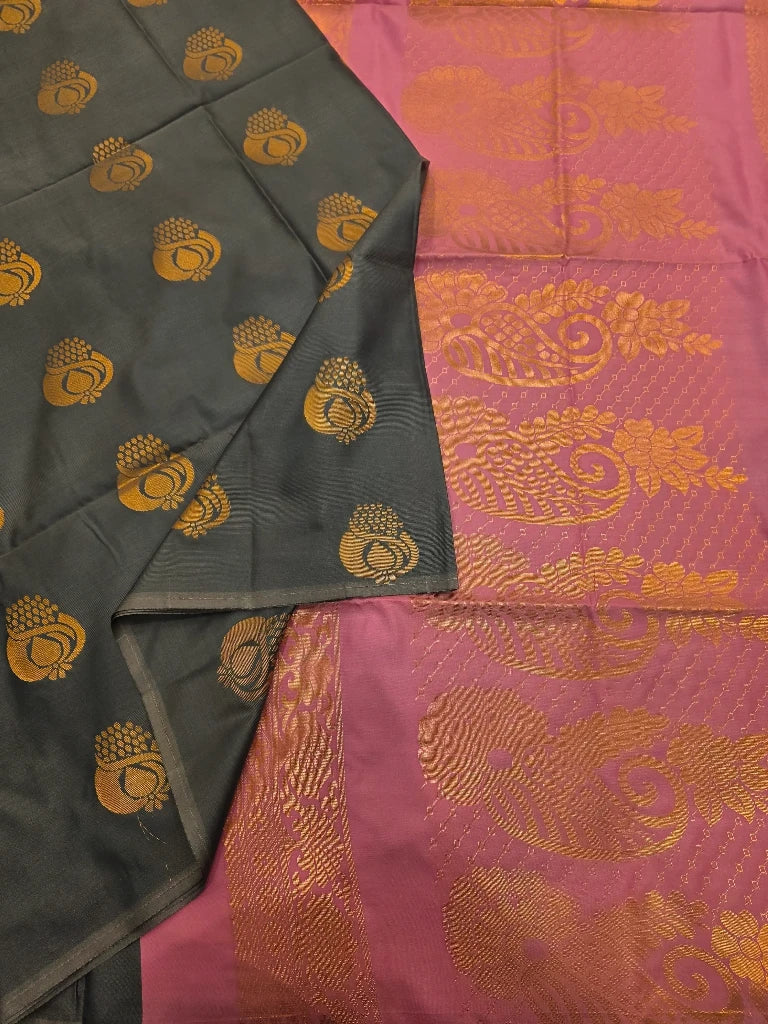 Charcoal Grey Semi Kanchipuram Silk Saree with Gold Zari Buttas & Rich Pink Paisley Pallu