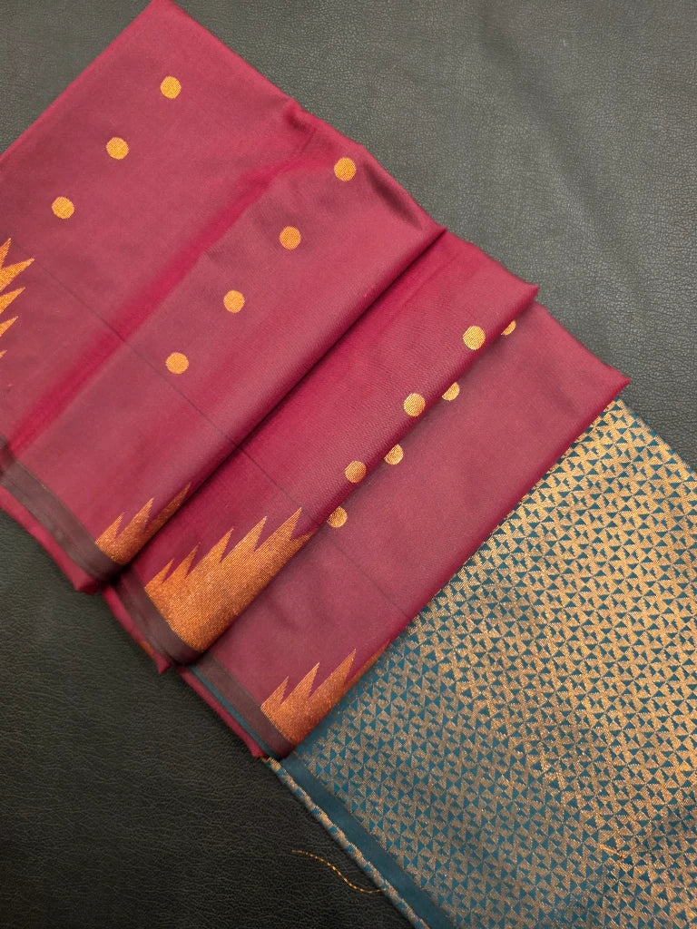 Dusty Rose Pink Semi Kanchipuram Silk Saree with Gold Zari Temple Border & Teal Blue Brocade Pallu