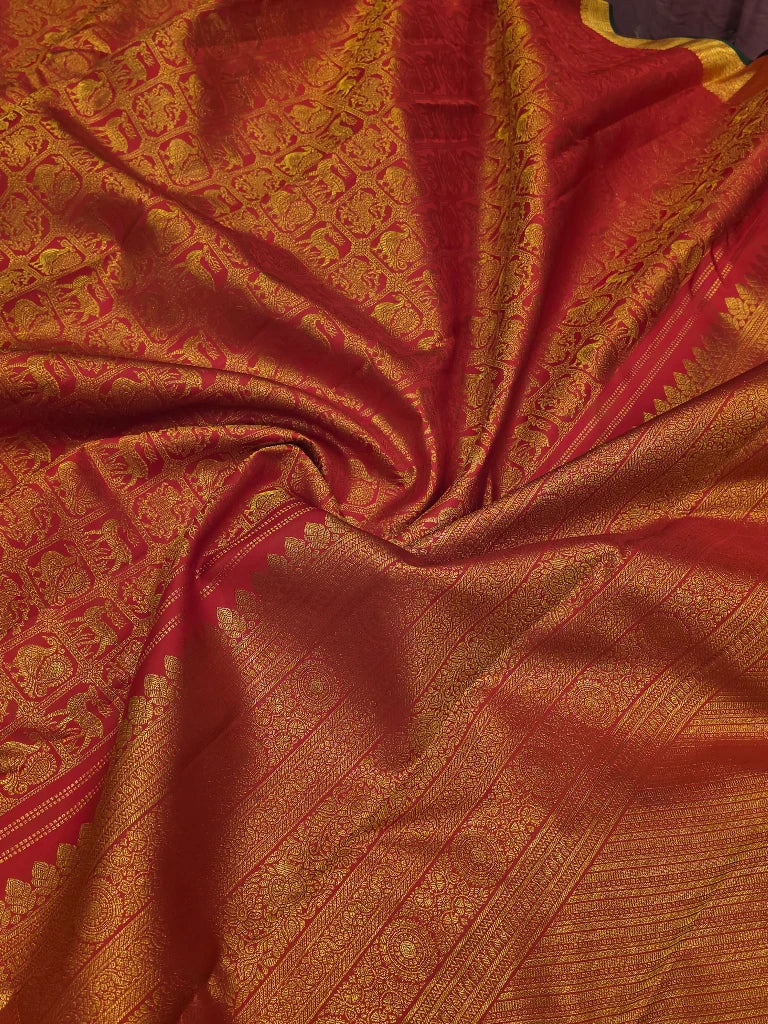 Royal Red Pure Kanchipuram Silk Saree with Elephant & Peacock Motifs | Rich Gold Zari Bridal Saree