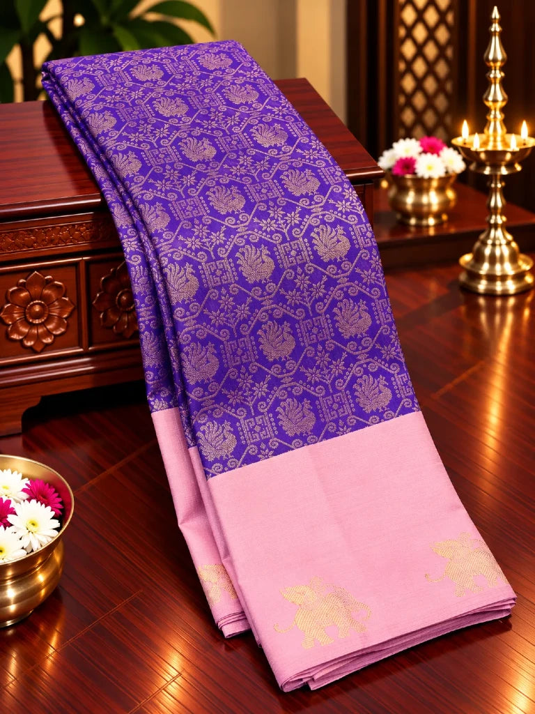 Royal Purple & Dusty Rose Pink Pure Kanchipuram Silk Saree with Gold Zari Border | Bridal Collection