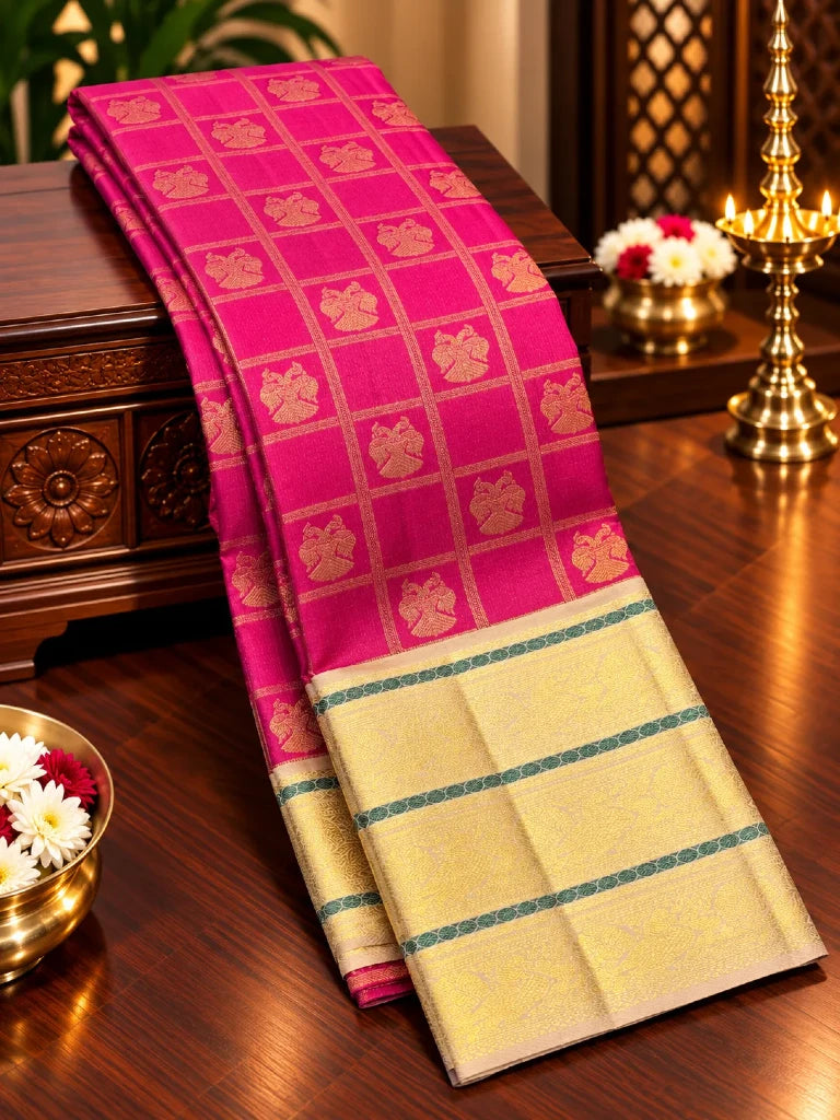 Royal Rani Pink Pure Kanchipuram Silk Saree with Silver Gold Zari Border | Traditional Bridal Saree
