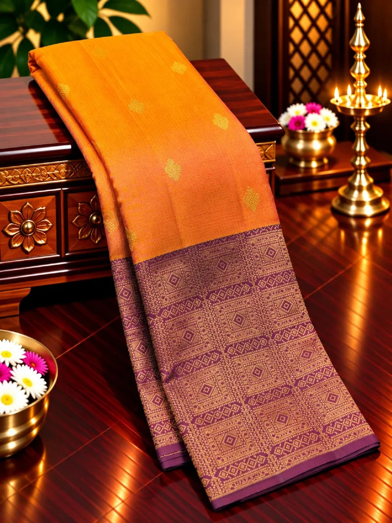 Sunset Orange Pure Kanchipuram Silk Saree with Purple Gold Zari Border | Traditional Bridal Silk Saree