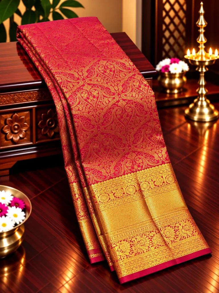 Royal Wine Maroon Pure Kanchipuram Silk Saree with Gold Zari Paisley Design & Rich Bridal Border