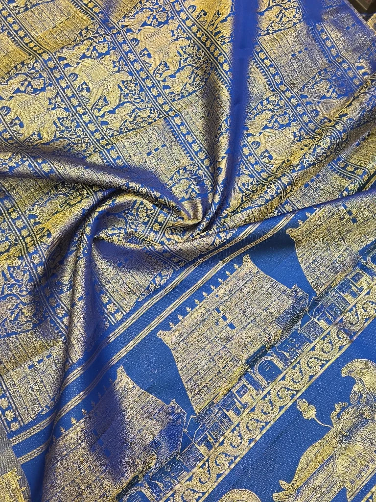 Royal Blue Heritage Temple Pure Kanchipuram Silk Saree with Gold Zari Border | Traditional Bridal Saree