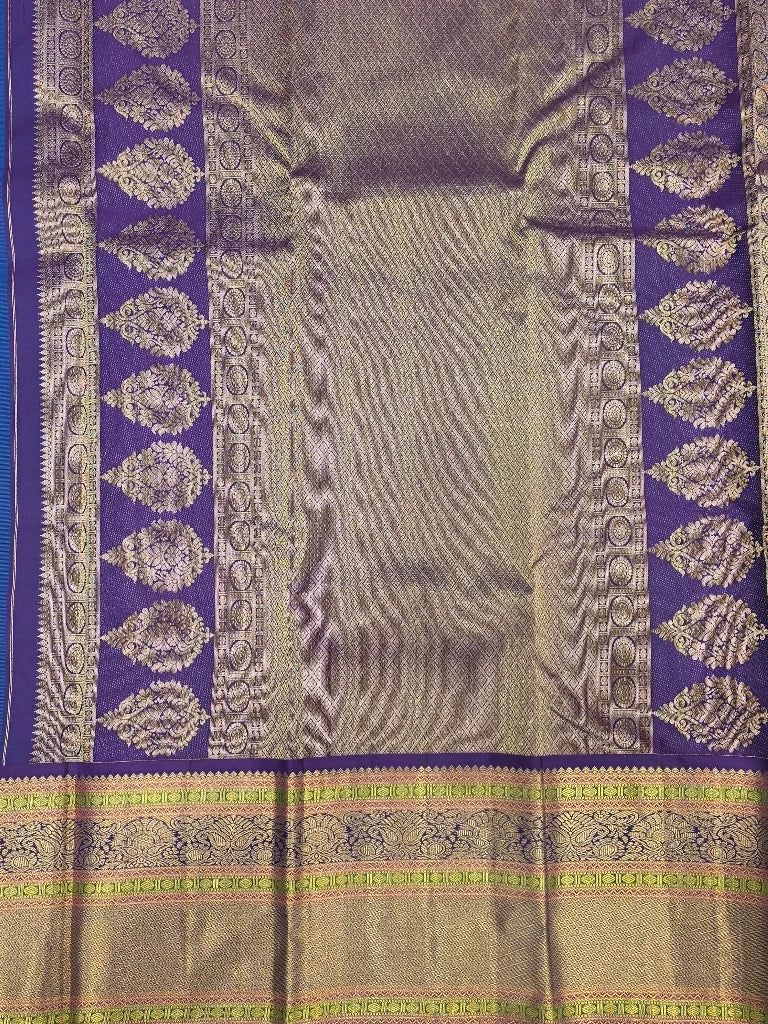 Blue Pure Kanchipuram Silk Saree with Purple Gold Zari Border | Bridal Saree