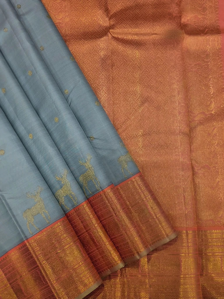 Ice Blue & Coral Pure Kanchipuram Silk Saree with Deer Zari Motifs | Bridal Saree