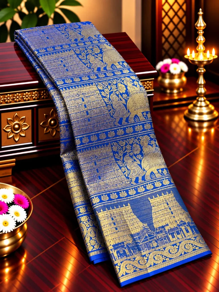 Royal Blue Heritage Temple Pure Kanchipuram Silk Saree with Gold Zari Border | Traditional Bridal Saree