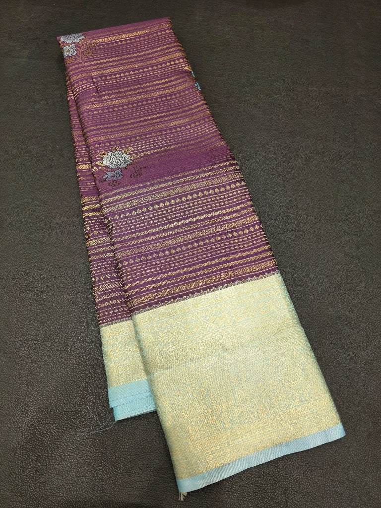 Wine Purple Semi Kanchipuram Silk Saree with Ice Blue Gold Zari Border & Rich Floral Pallu