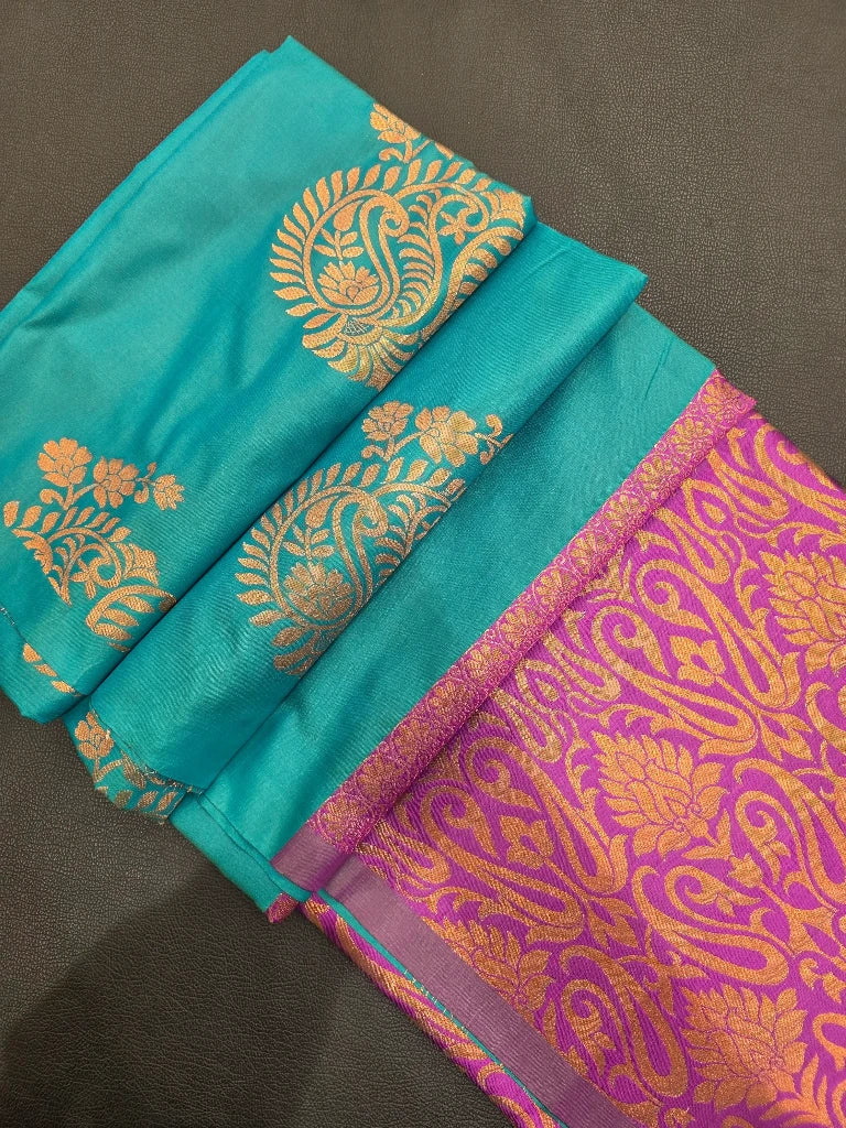 Peacock Green Semi Kanchipuram Silk Saree with Copper Zari Peacock Motifs & Magenta Pink Brocade Pallu