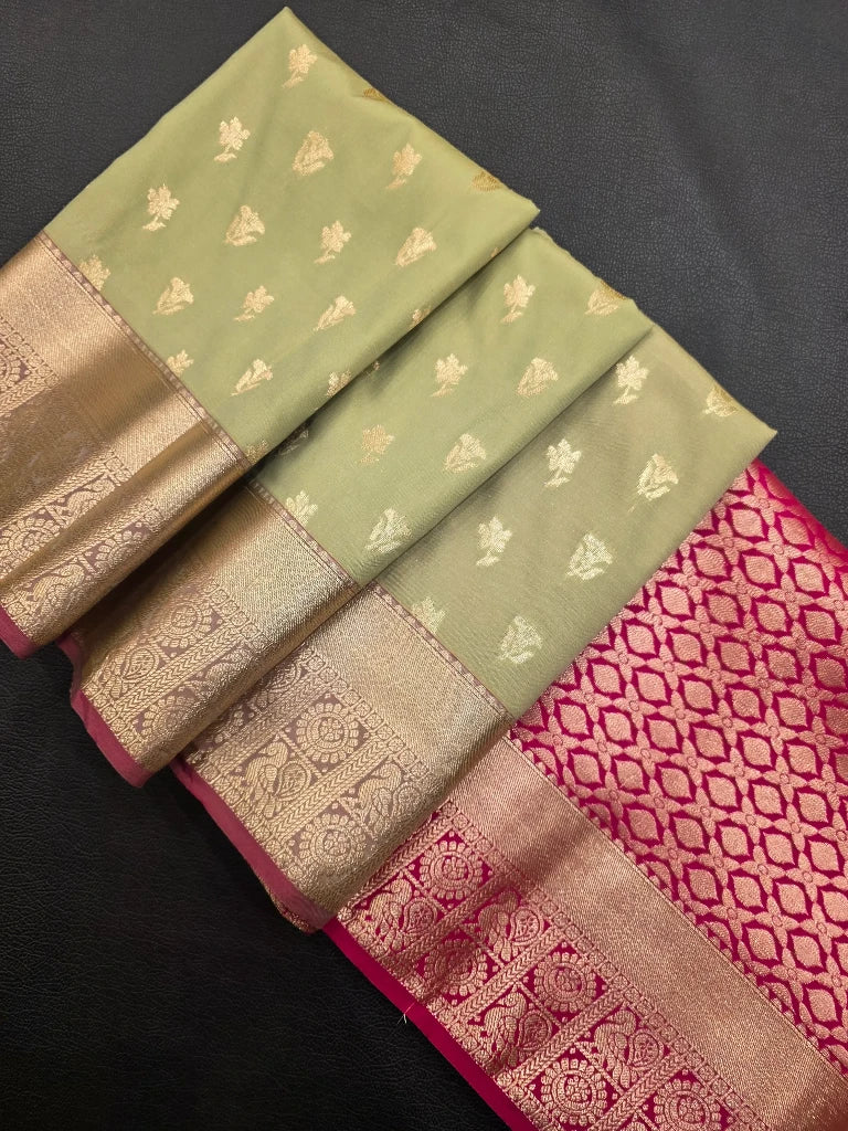 Sage Green Semi Kanchipuram Silk Saree with Gold Zari Border & Magenta Pink Brocade Pallu