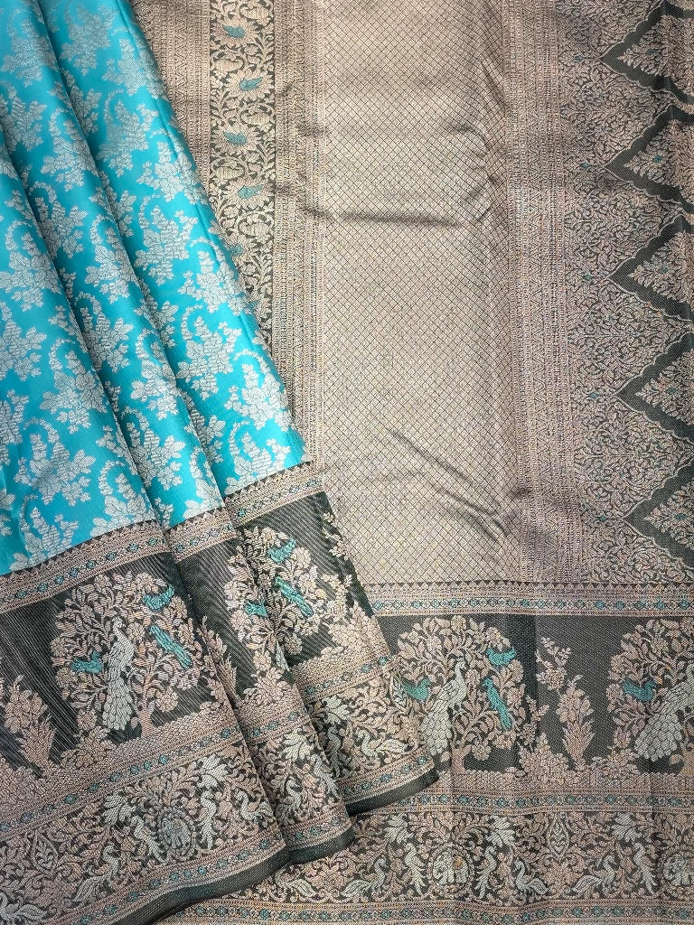 Turquoise Blue Pure Kanchipuram Silk Saree with Peacock Motifs & Dark Green Zari Border | Bridal Collection