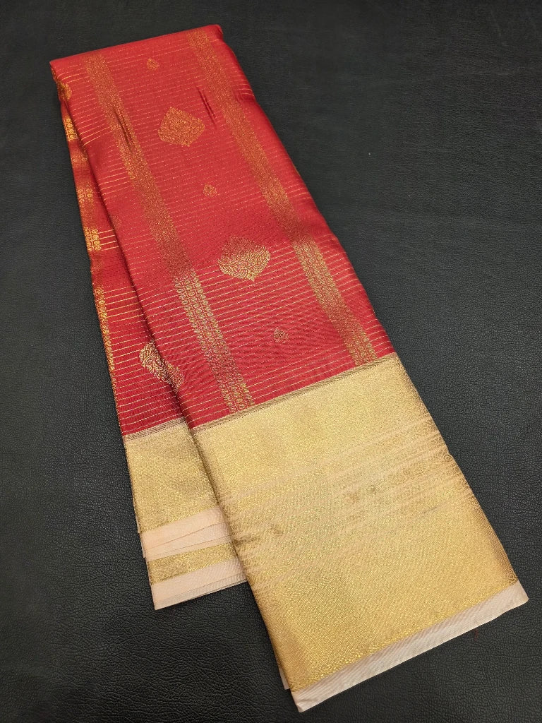 Royal Red Semi Kanchipuram Silk Saree with Ivory Gold Zari Border & Peacock Brocade Pallu