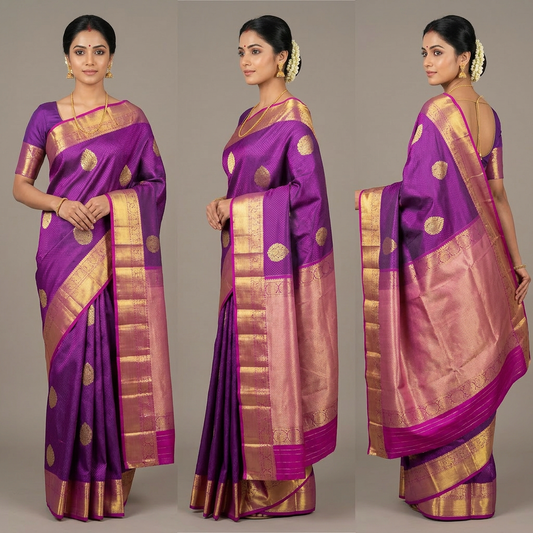 Deep Purple with Gold Zari Buttas Kanchipuram Pure Handloom Silk Saree in and Contrast Pink Pallu