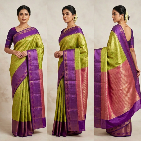 Parrot Green & Purple Kanchipuram Pure Silk Saree with Rich Zari Border – Traditional Bridal & Wedding Wear