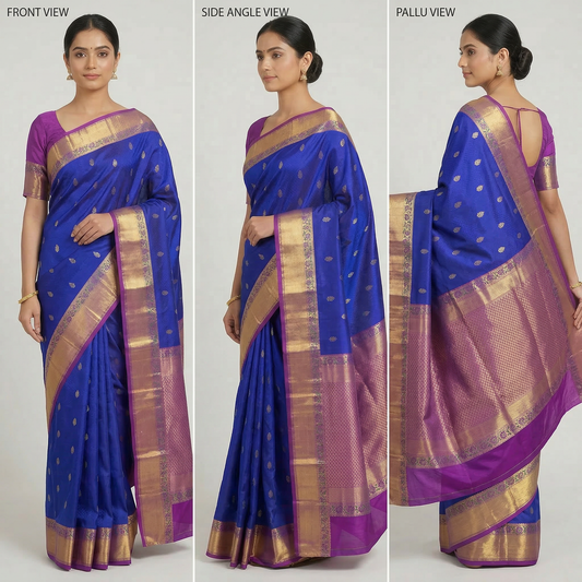 Royal Blue Kanchipuram Pure Handloom Silk Saree with Gold Zari Annapakshi Buttas and Contrast Lavender Pallu
