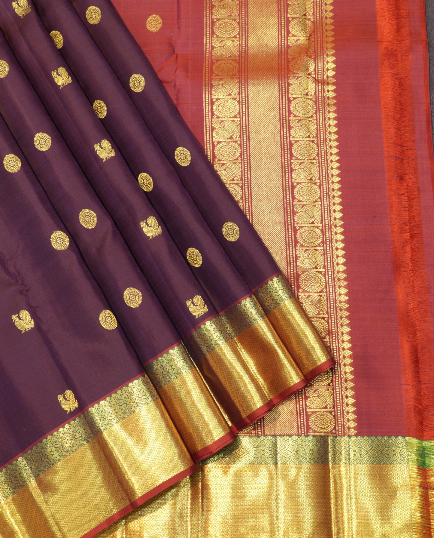 Kanchipuram Silk Saree – Plum & Rust with Rich Zari Border