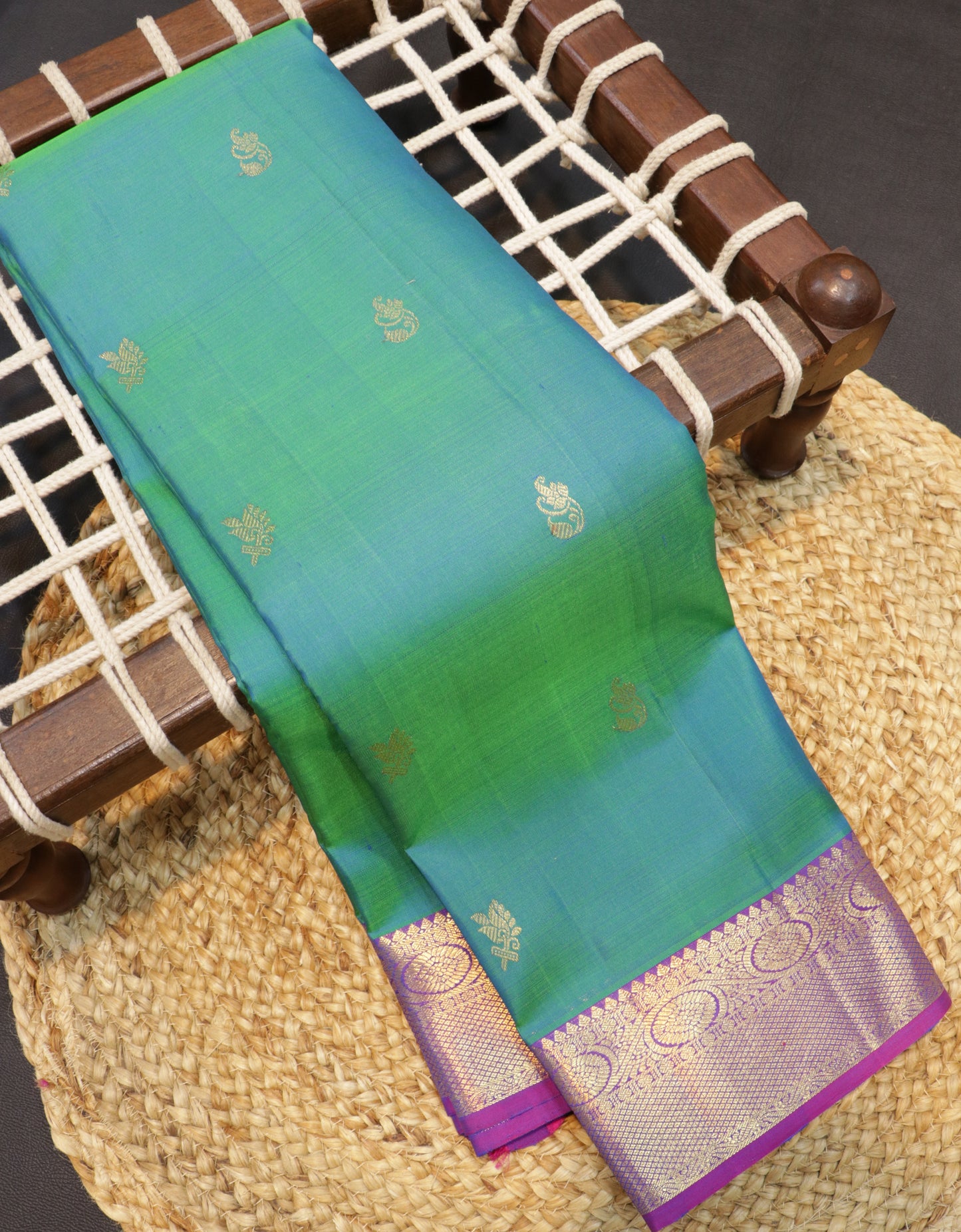 Kanchipuram Silk Saree Teal Blue with Purple Contrast Pallu & Zari Buttas Bridal Wear