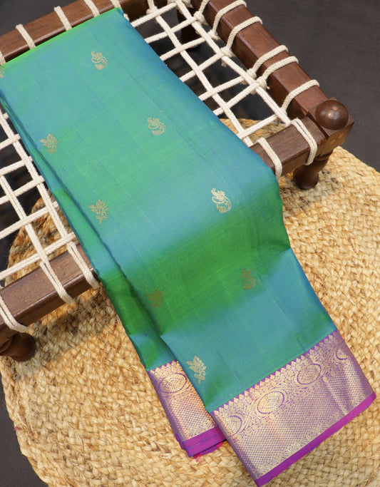 Kanchipuram Silk Saree Teal Blue with Purple Contrast Pallu & Zari Buttas Bridal Wear