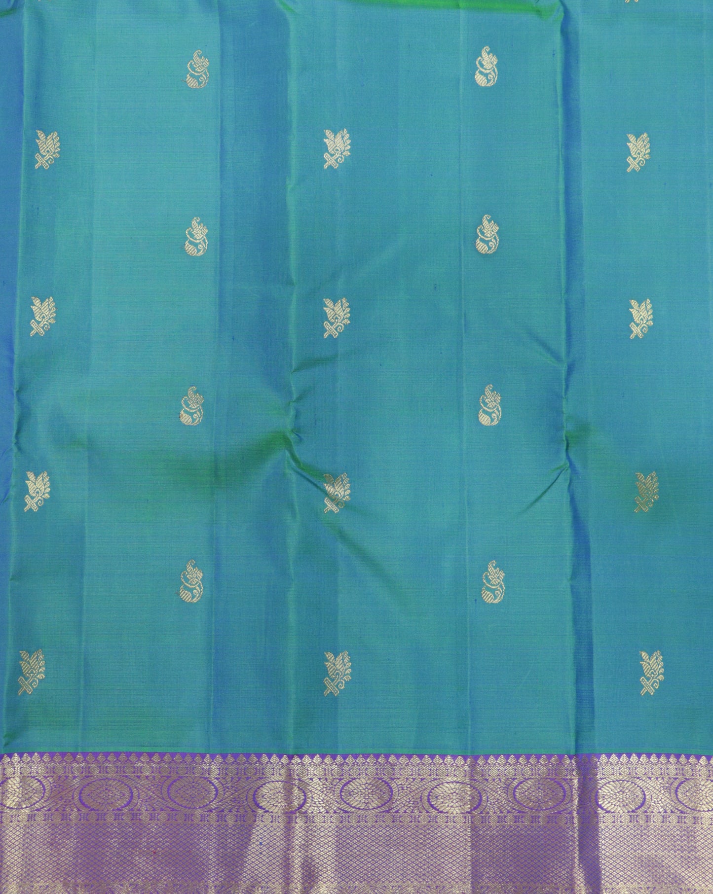 Kanchipuram Silk Saree Teal Blue with Purple Contrast Pallu & Zari Buttas Bridal Wear