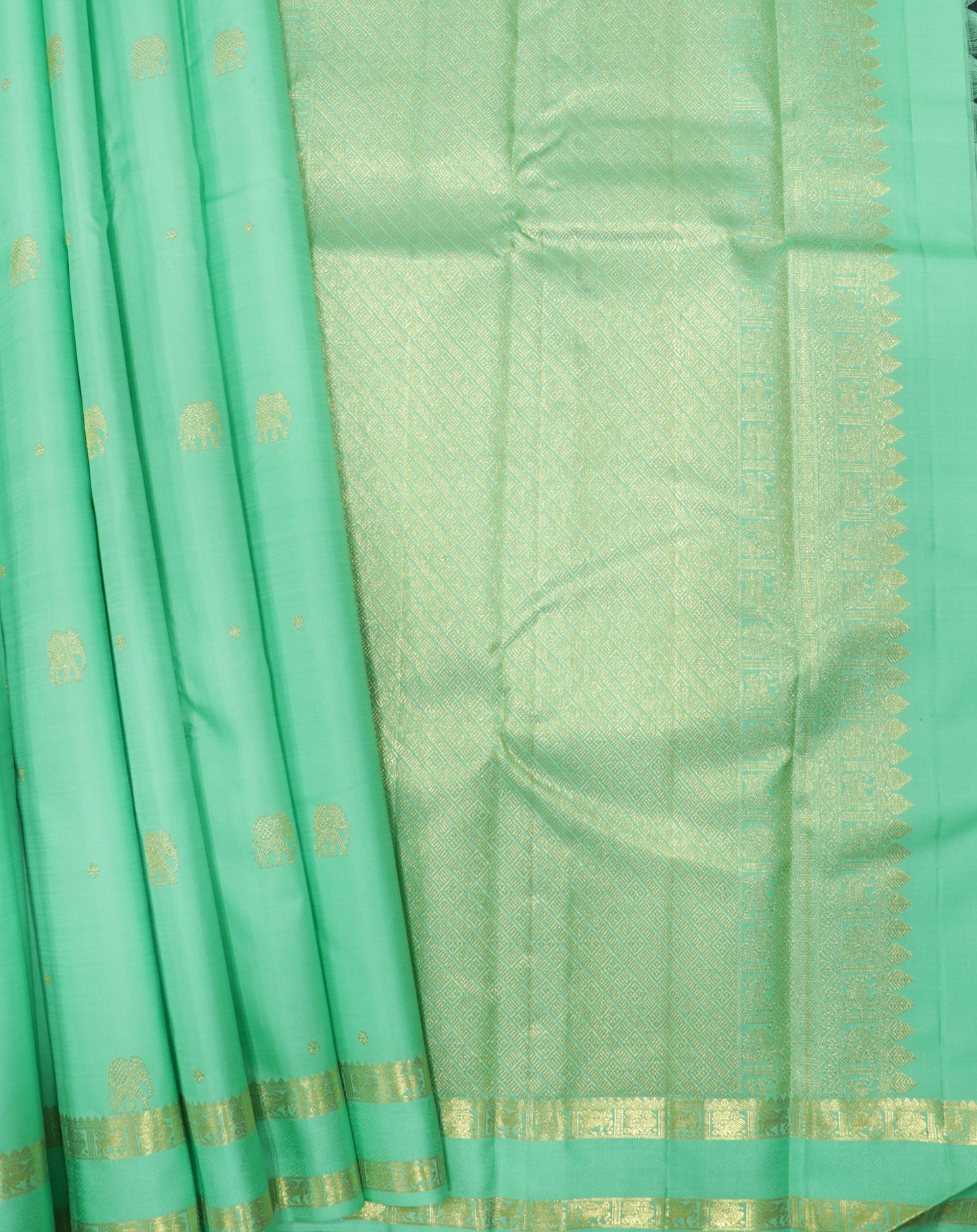 Kanchipuram Silk Saree Mint Green with Zari Elephant Motifs & Elegant Traditional Pallu