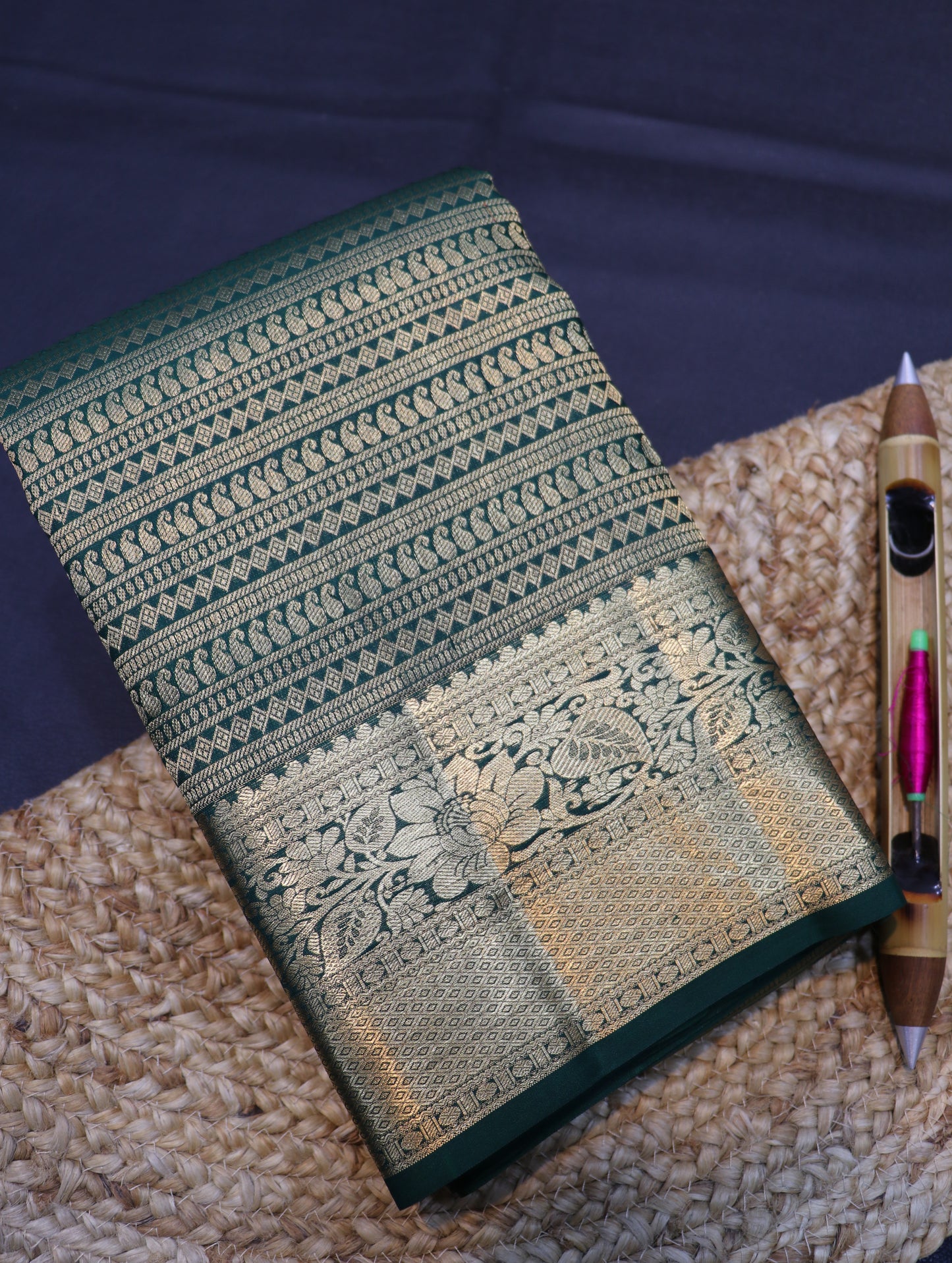 Bottle Green Kanchipuram Silk Saree with Antique Gold Zari Bridal Traditional Saree
