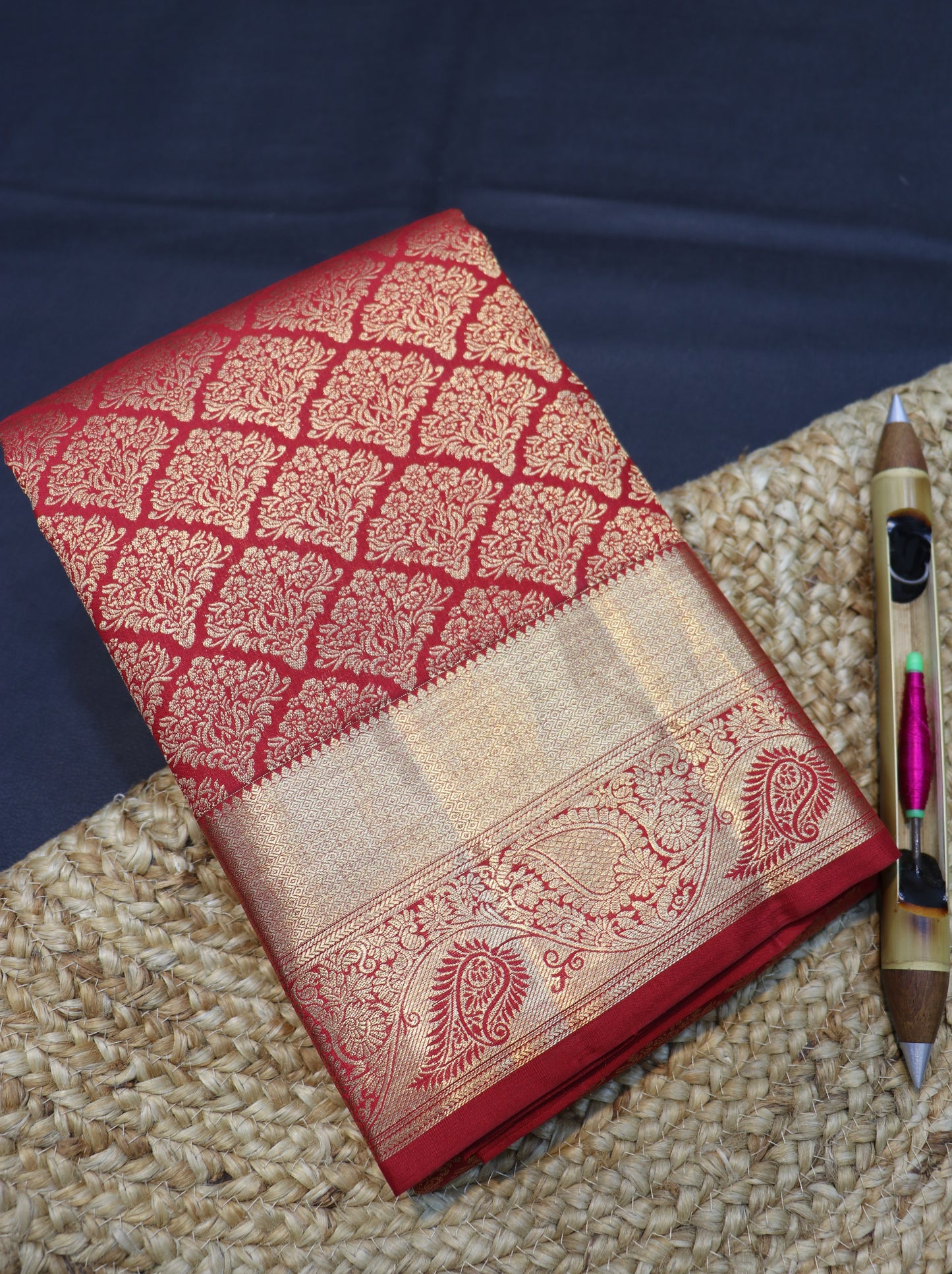 Red Kanchipuram Silk Saree with Antique Gold Zari Bridal Traditional Saree