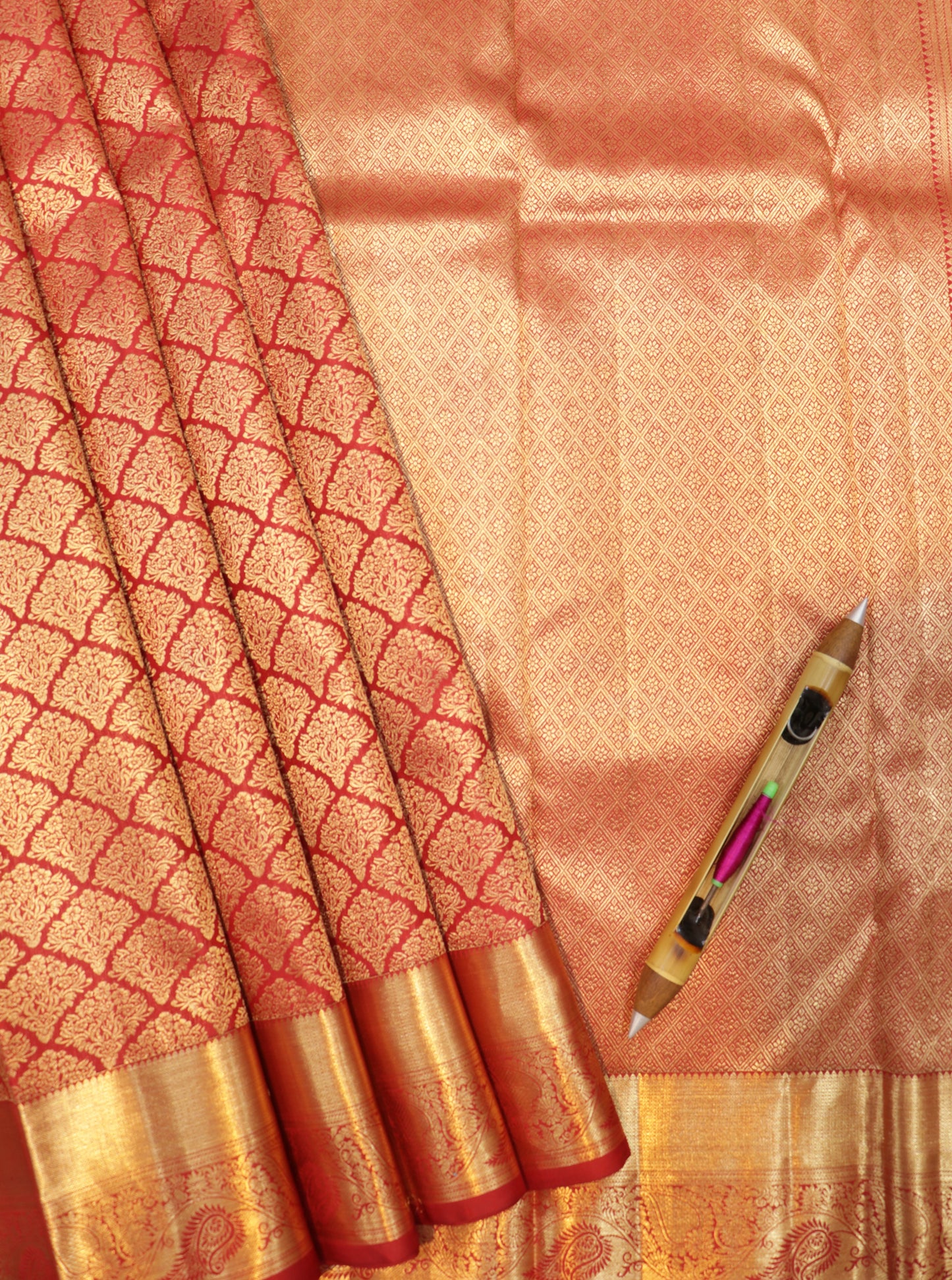 Red Kanchipuram Silk Saree with Antique Gold Zari Bridal Traditional Saree