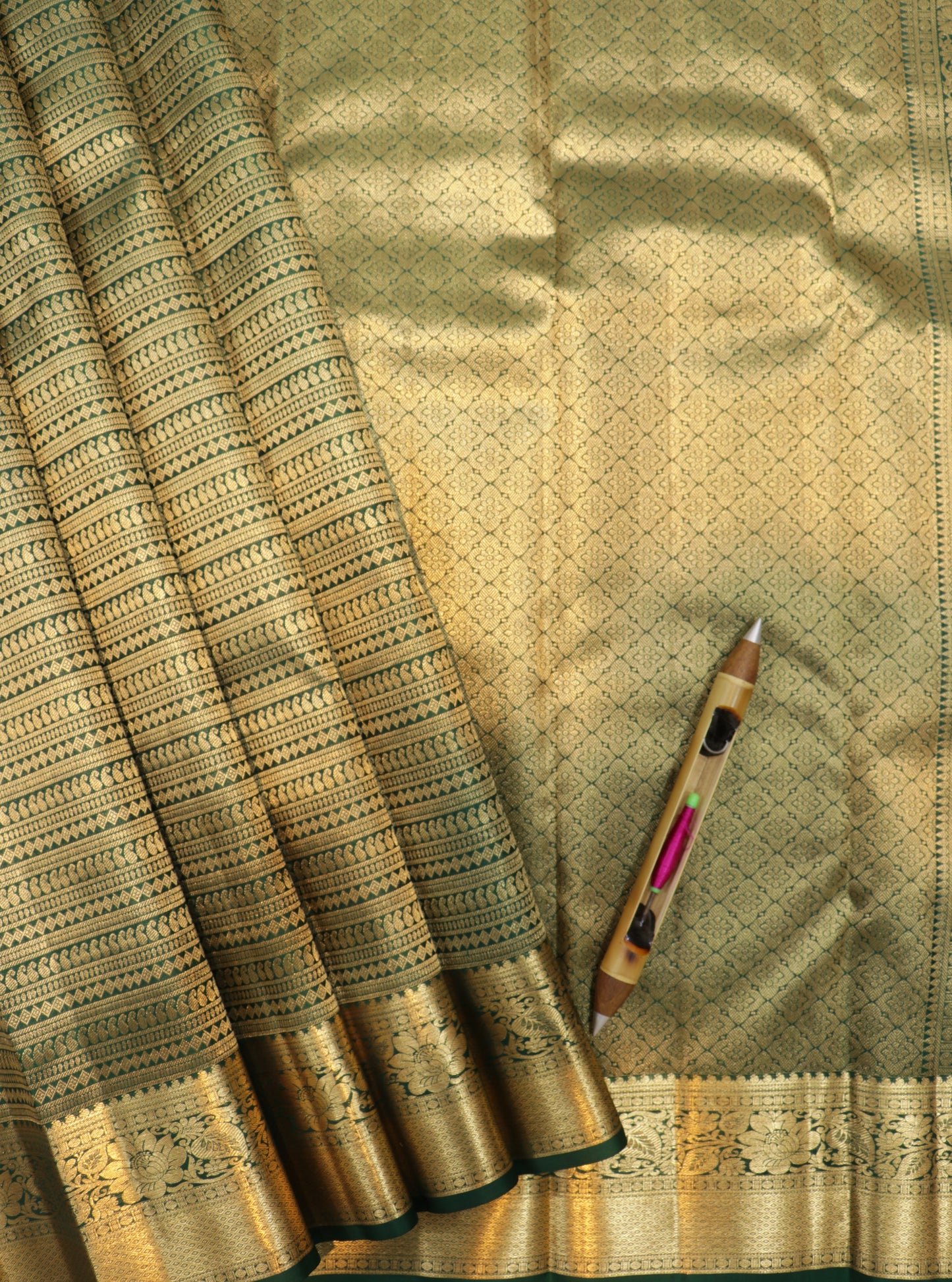 Bottle Green Kanchipuram Silk Saree with Antique Gold Zari Bridal Traditional Saree