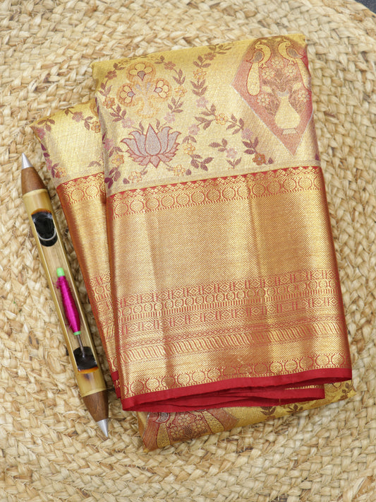 Kanchipuram Pure Silk Saree Gold with Rust Korvai Border | Tissue Bridal Traditional Saree