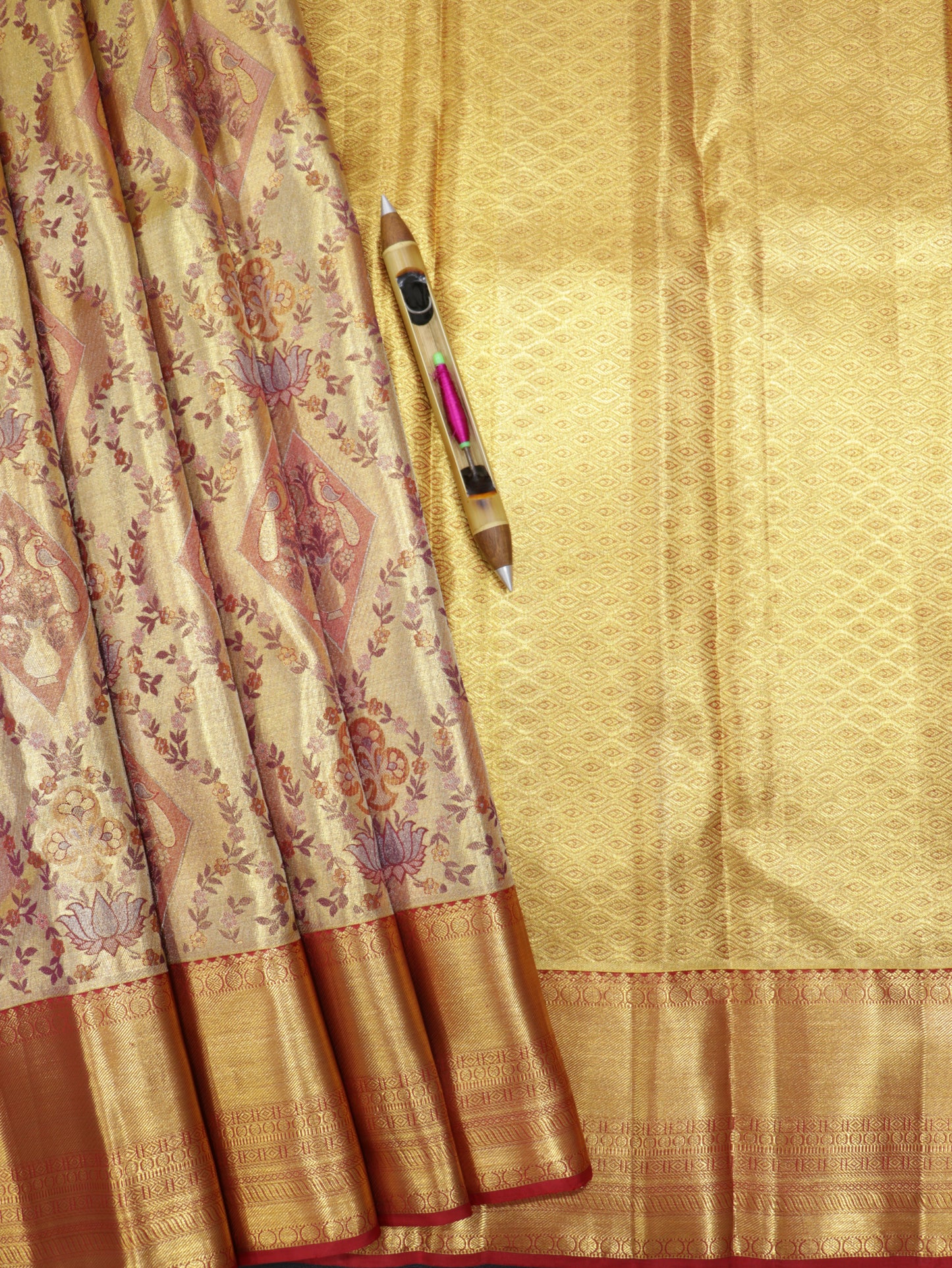 Kanchipuram Pure Silk Saree Gold with Rust Korvai Border | Tissue Bridal Traditional Saree