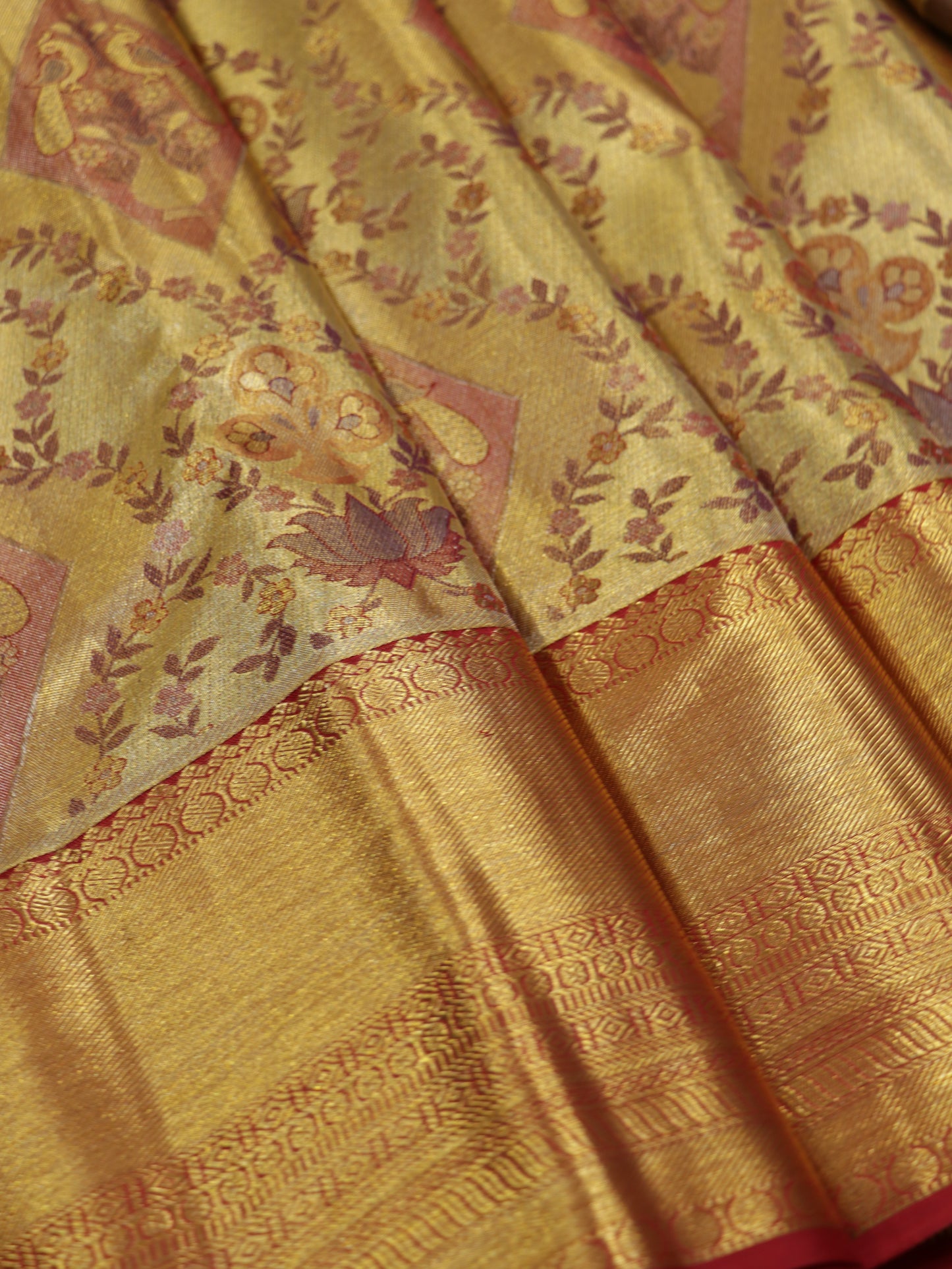Kanchipuram Pure Silk Saree Gold with Rust Korvai Border | Tissue Bridal Traditional Saree