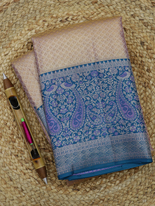 Kanchipuram Pure Silk Saree Pastel Gold with Royal Blue Korvai Border | Bridal Traditional Saree