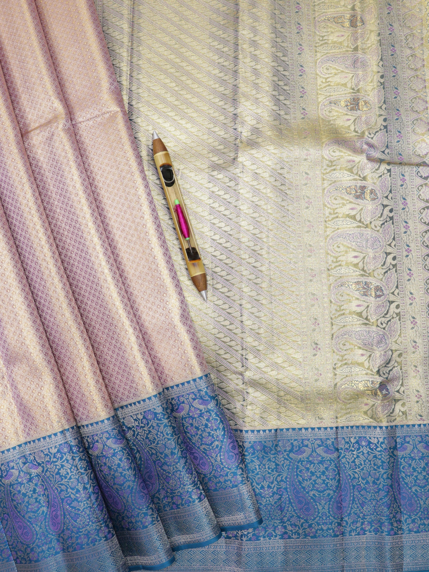 Kanchipuram Pure Silk Saree Pastel Gold with Royal Blue Korvai Border | Bridal Traditional Saree