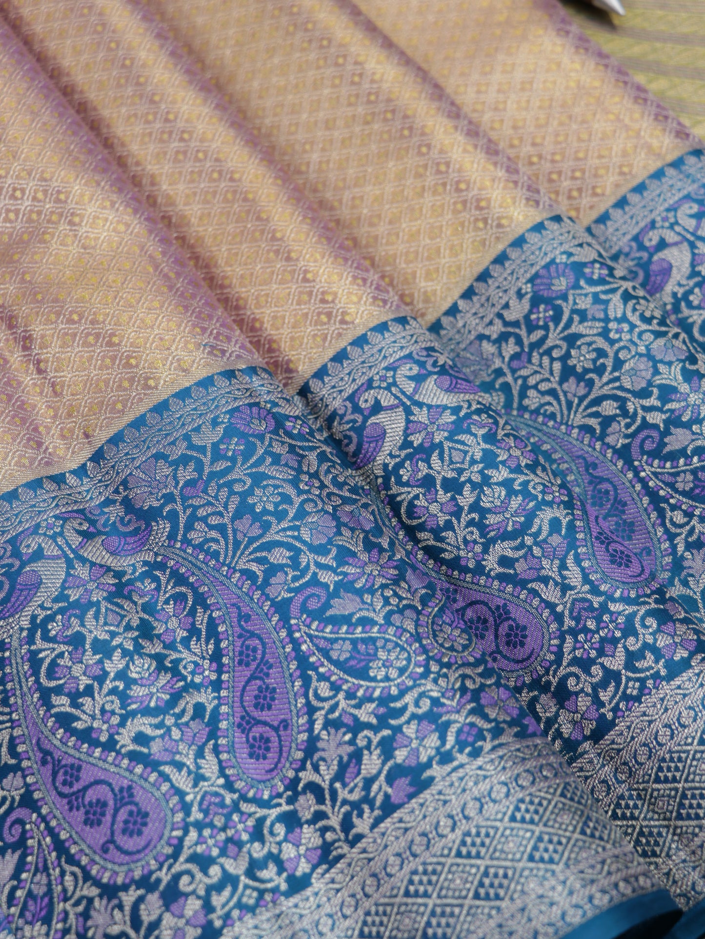 Kanchipuram Pure Silk Saree Pastel Gold with Royal Blue Korvai Border | Bridal Traditional Saree