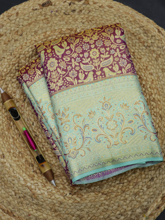 Kanchipuram Pure Silk Saree Magenta with Aqua Korvai Border | Designer Bridal Traditional Saree