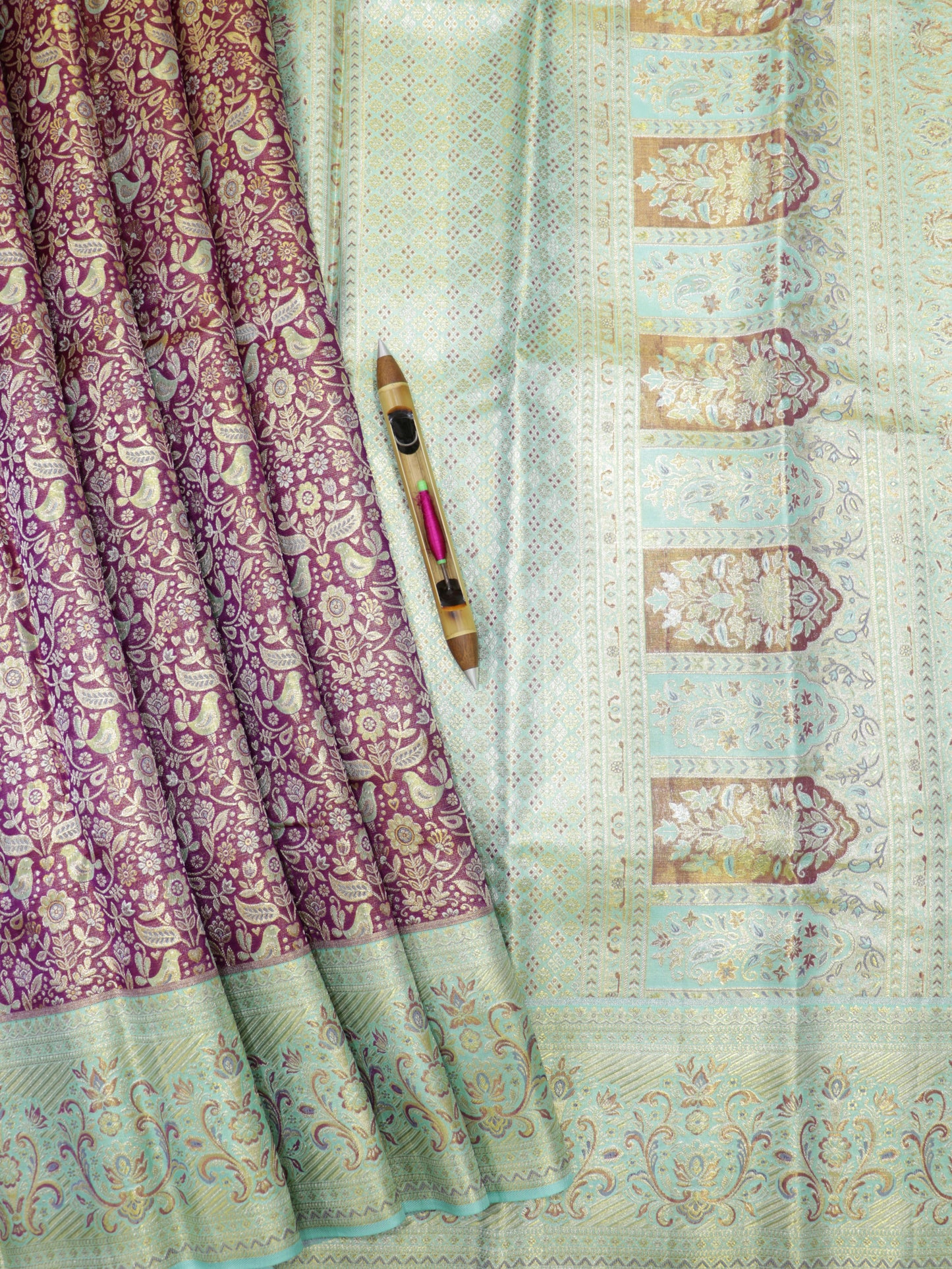 Kanchipuram Pure Silk Saree Magenta with Aqua Korvai Border | Designer Bridal Traditional Saree