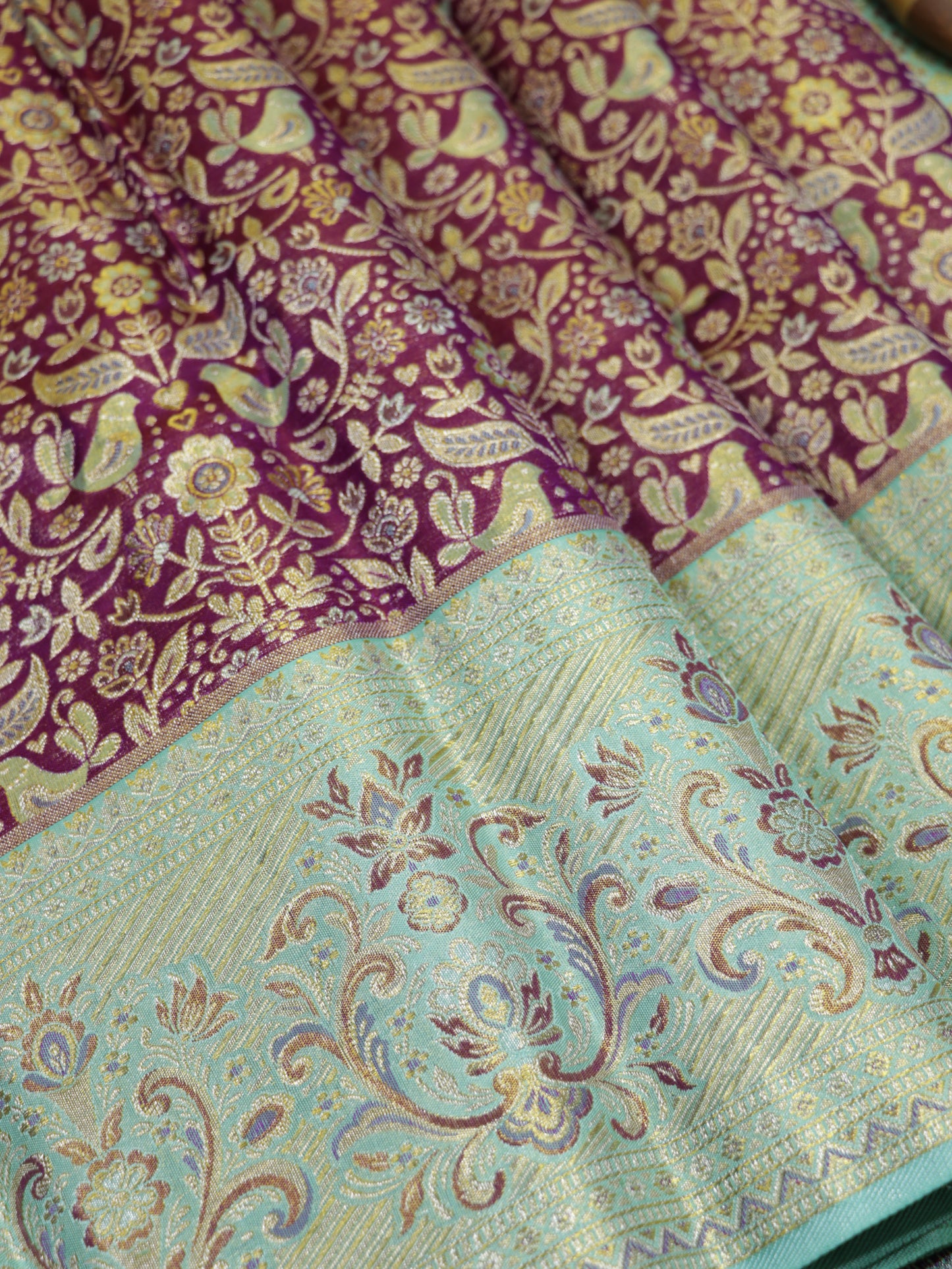 Kanchipuram Pure Silk Saree Magenta with Aqua Korvai Border | Designer Bridal Traditional Saree