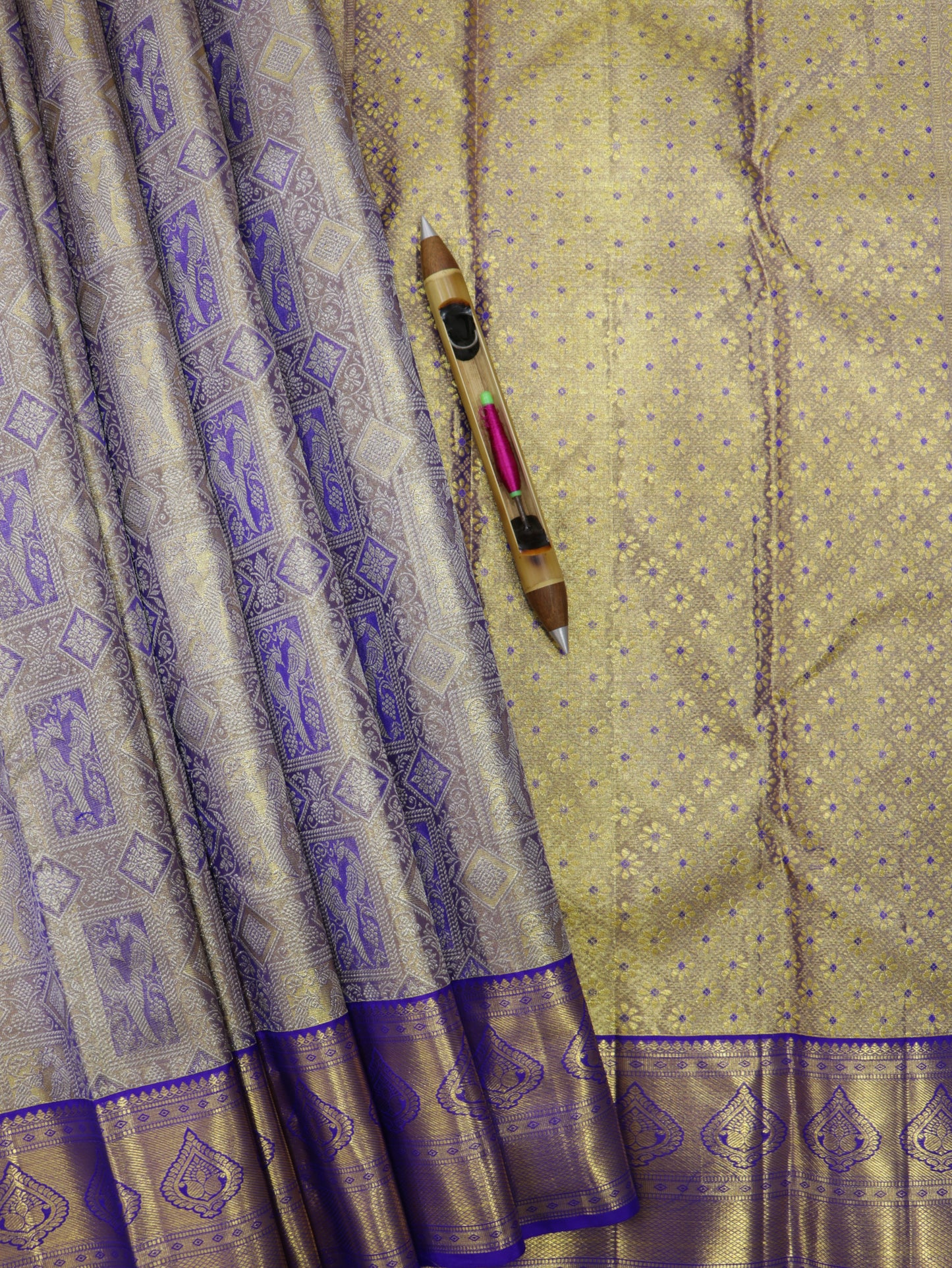Kanchipuram Pure Silk Saree Silver with Violet Korvai Border | Bridal Traditional Saree