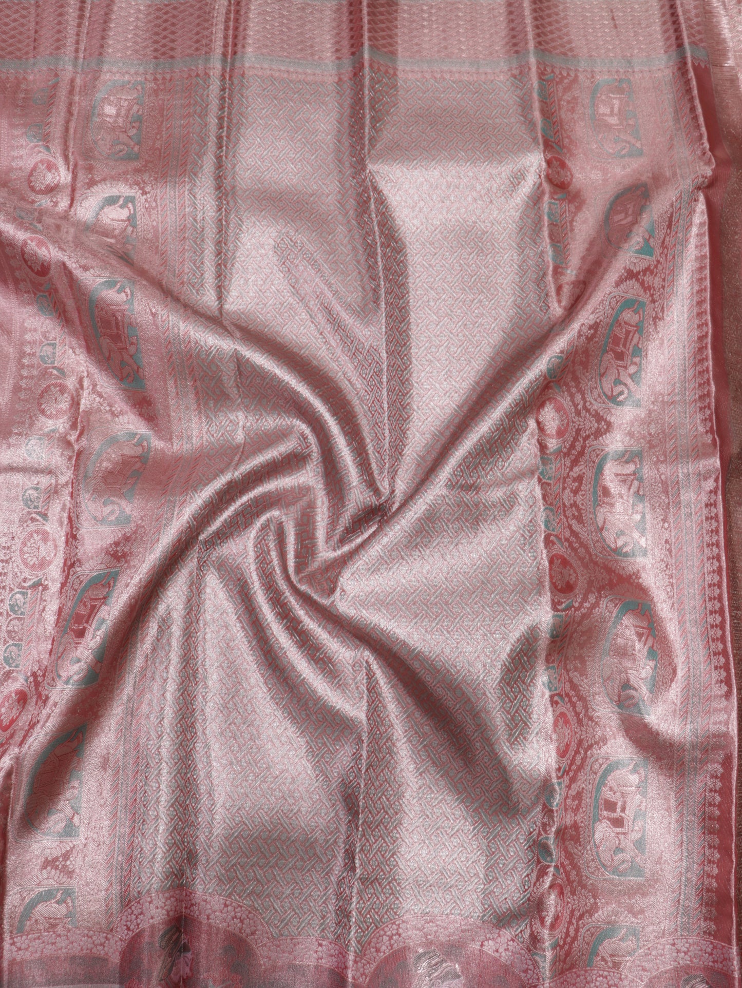 Kanchipuram Pure Silk Saree Blush Pink with Elephant Korvai Border | Designer Bridal Traditional Saree