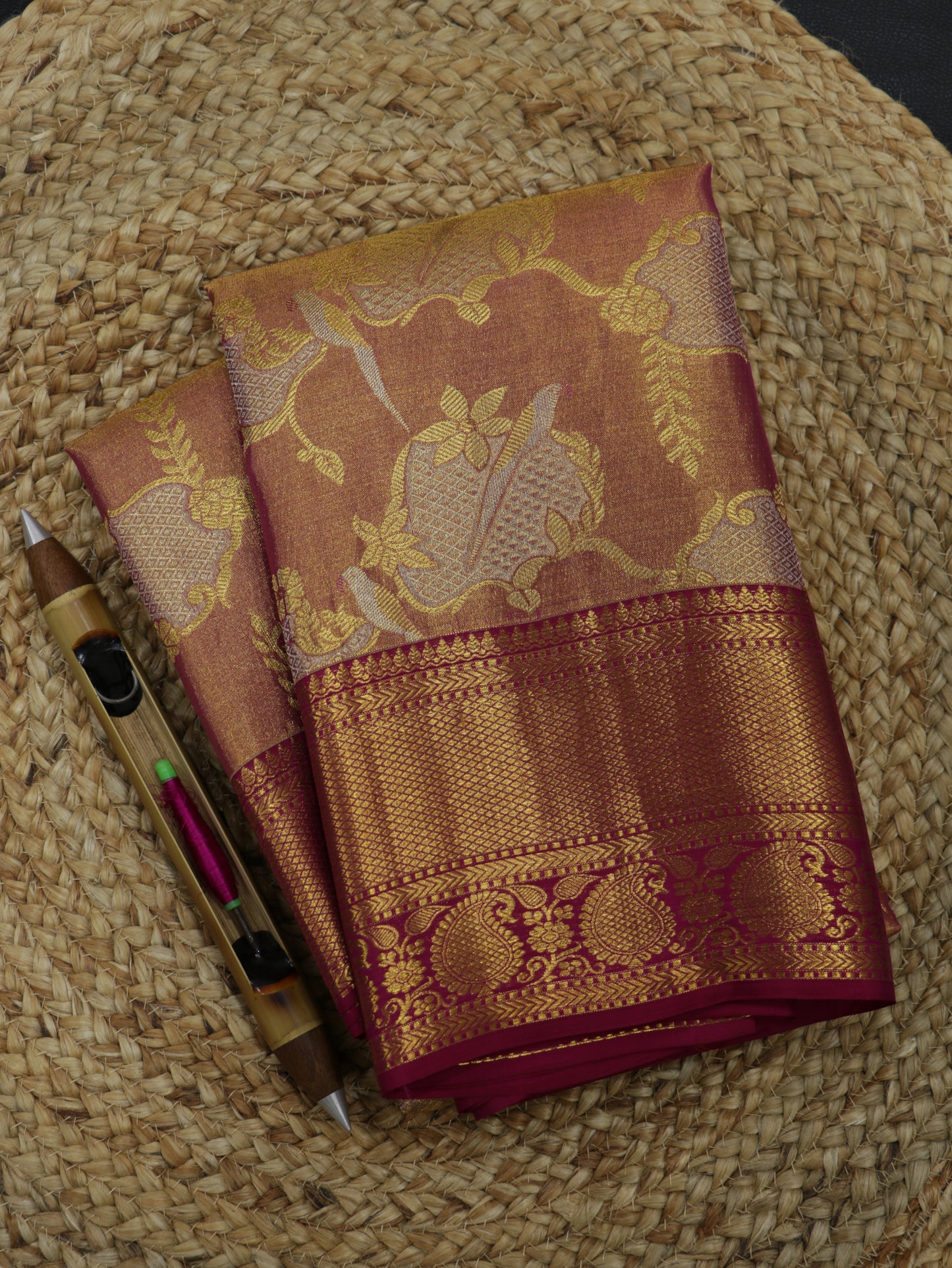 Kanchipuram Pure Silk Saree Maroon with Gold Korvai Border | Bridal Wedding Traditional Saree